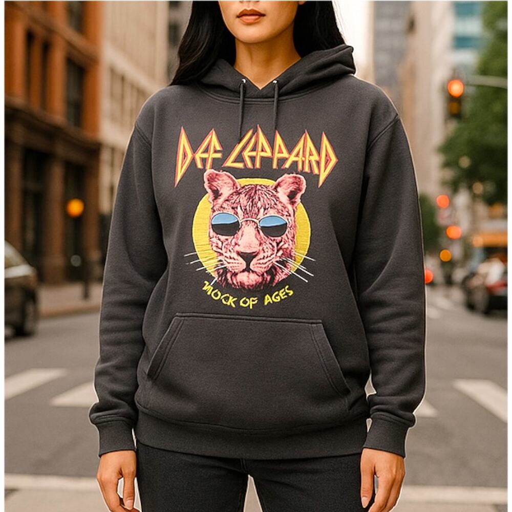UNISEX Def Leppard Rock of Ages Charcoal Hoodie Pink Leopard LARGE - NWT